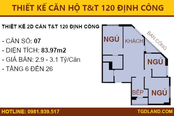Thiết kế căn hộ T&T 120 Định Công, Căn 83m 3 Phòng Ngủ