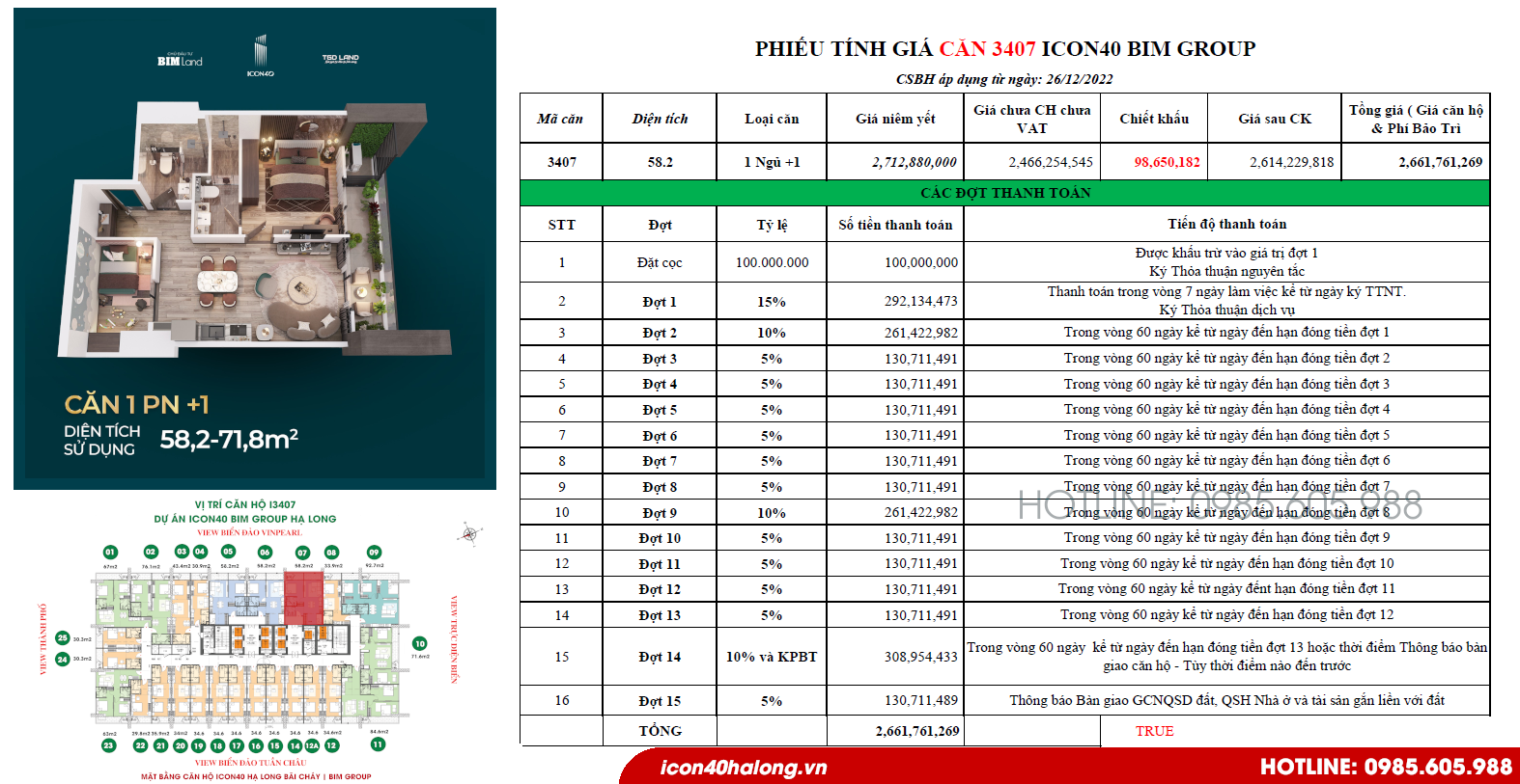 Phiếu tính giá căn 3407 Icon40 Hạ Long Quảng Ninh 2023