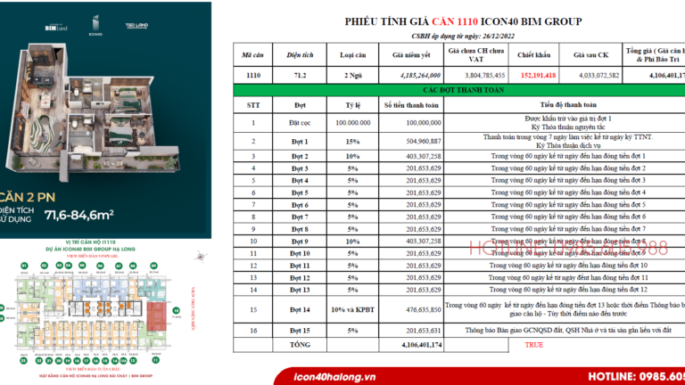 Phiếu tính giá căn 1110 Icon40 Hạ Long Quảng Ninh 2023