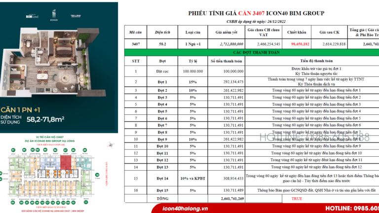 Phiếu tính giá căn 3407 Icon40 Hạ Long Quảng Ninh 2023