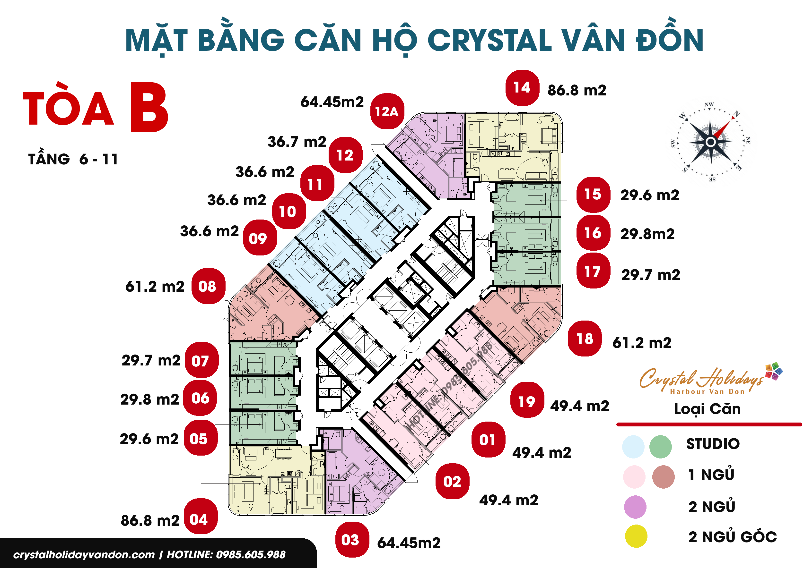 Mặt bằng căn hộ Crystal Vân Đồn Tòa B, Tầng 6 - 11