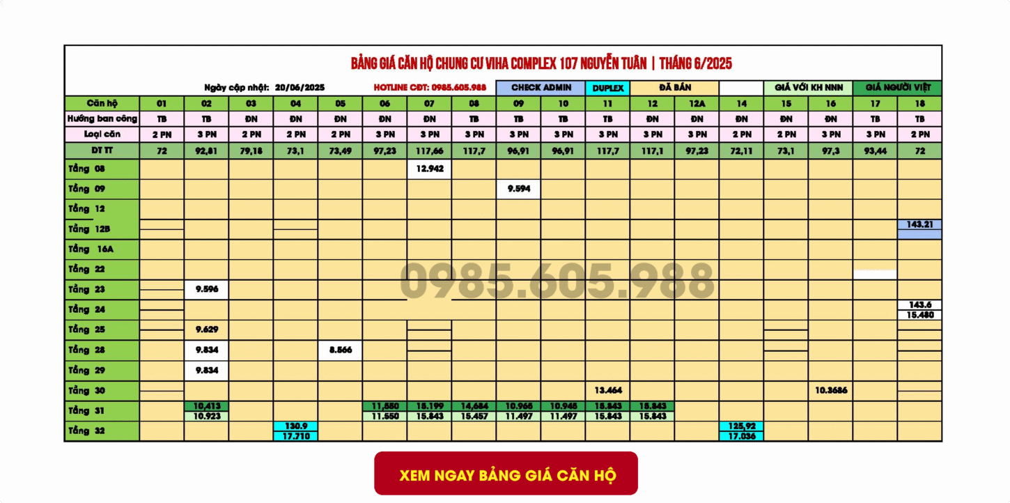 Bảng giá chung cư Viha Complex 107 Nguyễn Tuân Thanh Xuân Hà Nội cập nhật tháng 6/2025 Bảng giá chung cư Viha Complex 107 Nguyễn Tuân Thanh Xuân Hà Nội cập nhật tháng 6/2025