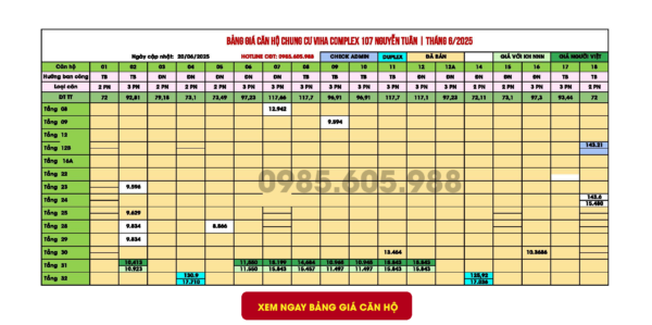 Bảng giá chung cư Viha Complex 107 Nguyễn Tuân Thanh Xuân Hà Nội cập nhật tháng 6/2025 Bảng giá chung cư Viha Complex 107 Nguyễn Tuân Thanh Xuân Hà Nội cập nhật tháng 6/2025