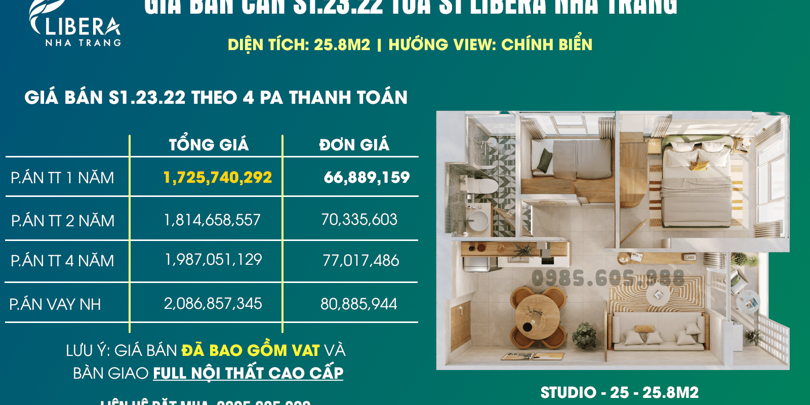 Giá bán căn S1.23.22 Tòa s1 Libera Nha Trang