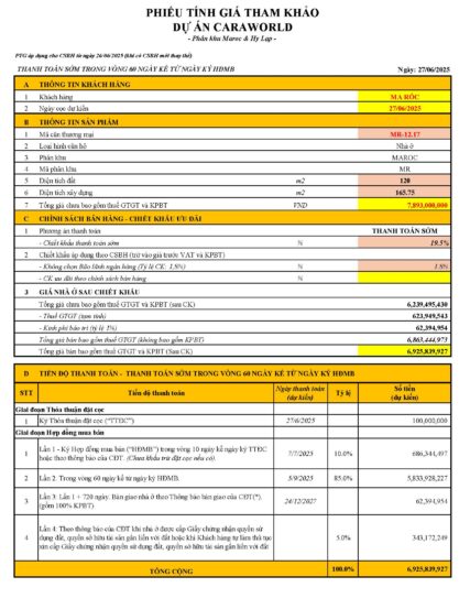 Phiếu thanh toán căn Ma Rốc MR12.17 hình thức Thanh Toán sớm trong 60 Ngày
