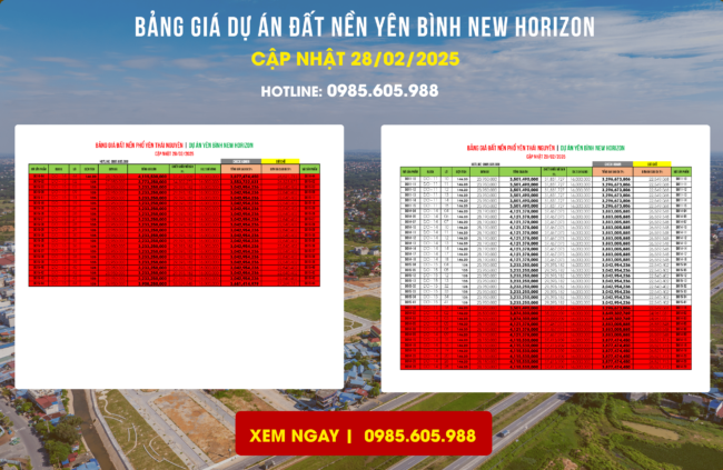 BẢNG GIÁ DỰ ÁN ĐẤT NỀN YÊN BÌNH NEW HORIZON 28/02/2025