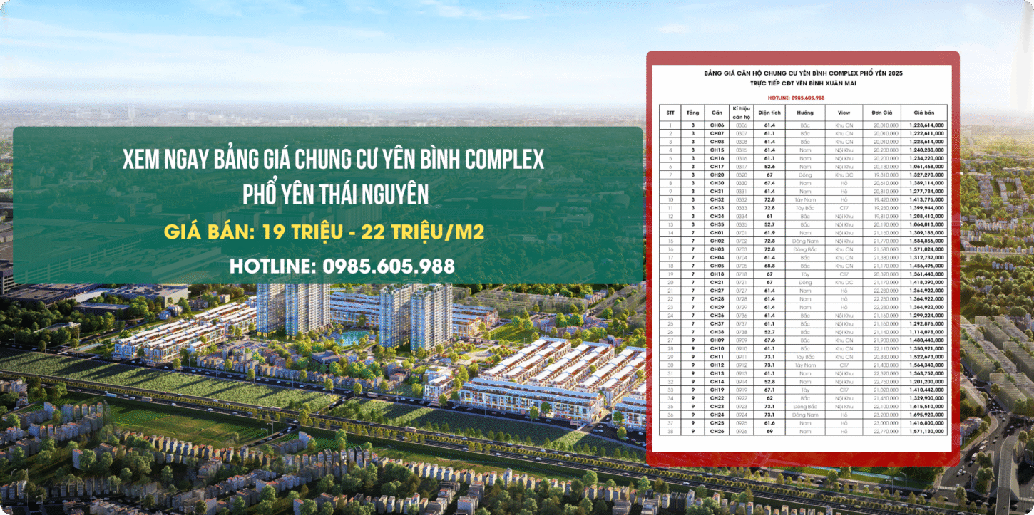Bảng giá căn hộ yên bình complex phổ yên thái nguyên 2025 Bảng giá căn hộ yên bình complex phổ yên thái nguyên 2025