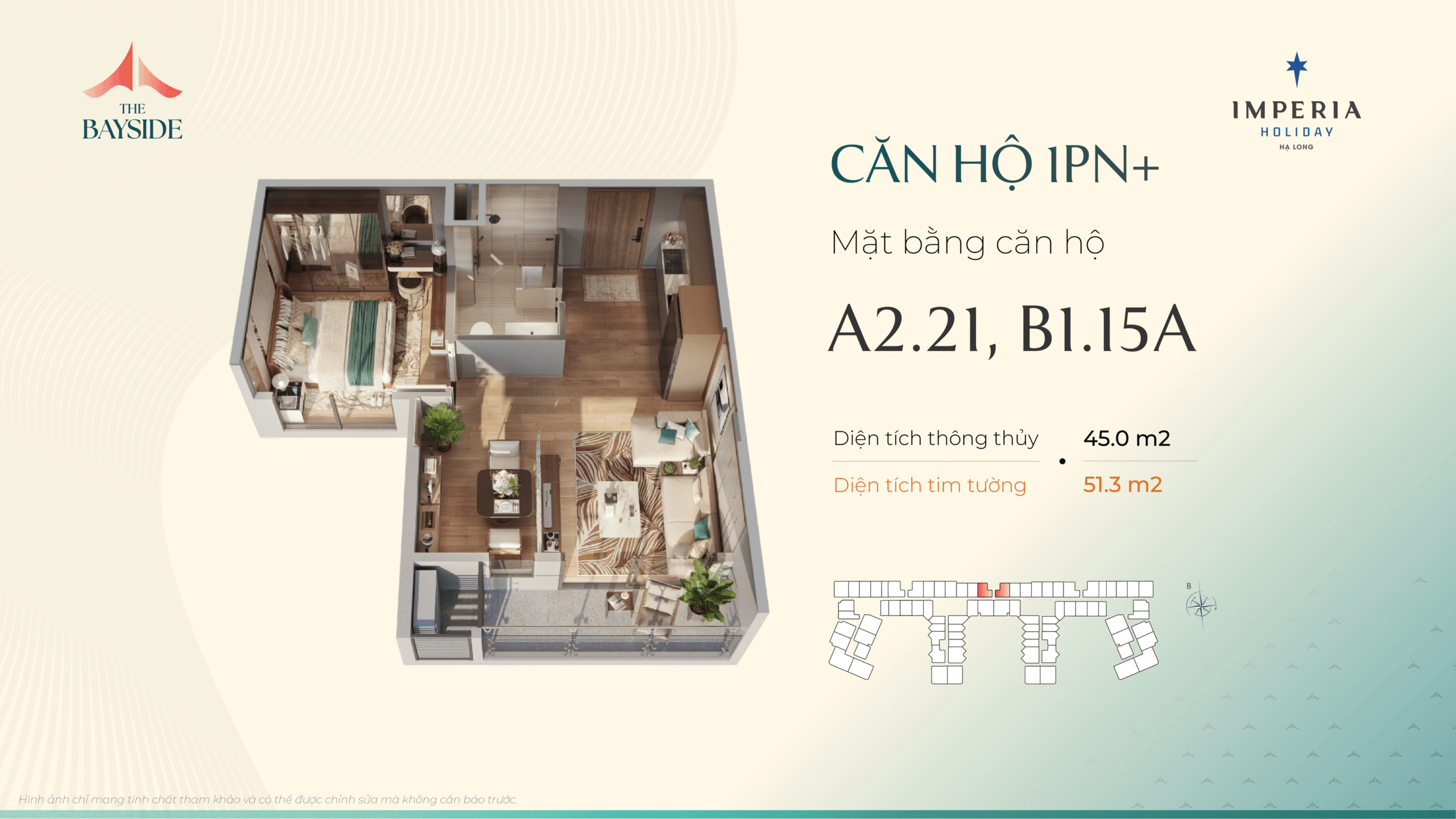 Thiết kế căn hộ Imepria Hạ Long - Loại căn 1 NGỦ + - Mã căn: A2.21, B1.15A