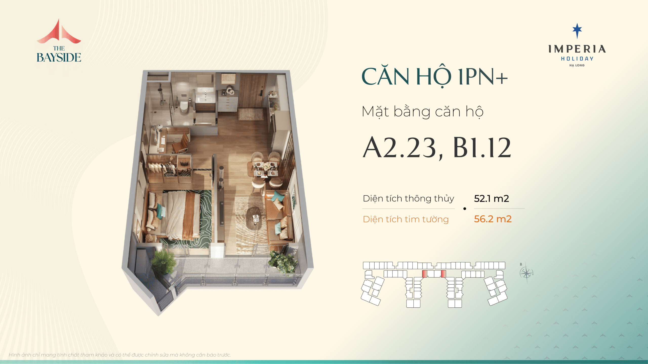 Thiết kế căn hộ Imepria Hạ Long - Loại căn 1 NGỦ + - Mã căn: A2.23 và B1.12