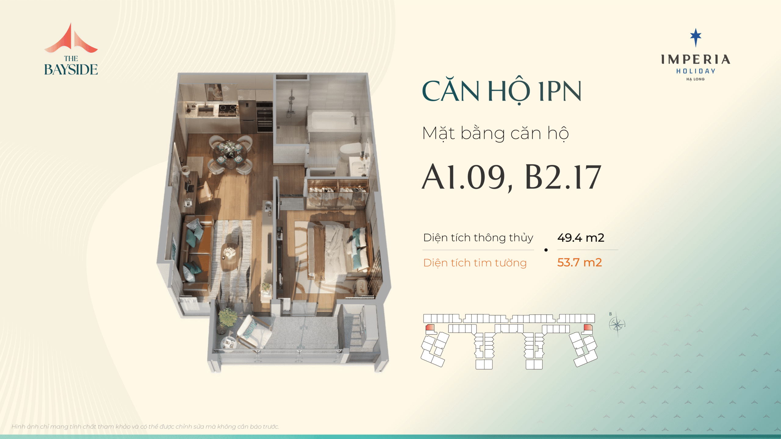 Thiết kế căn hộ Imepria Hạ Long - Loại căn 1 NGỦ - Mã căn: A1.09, B2.17
