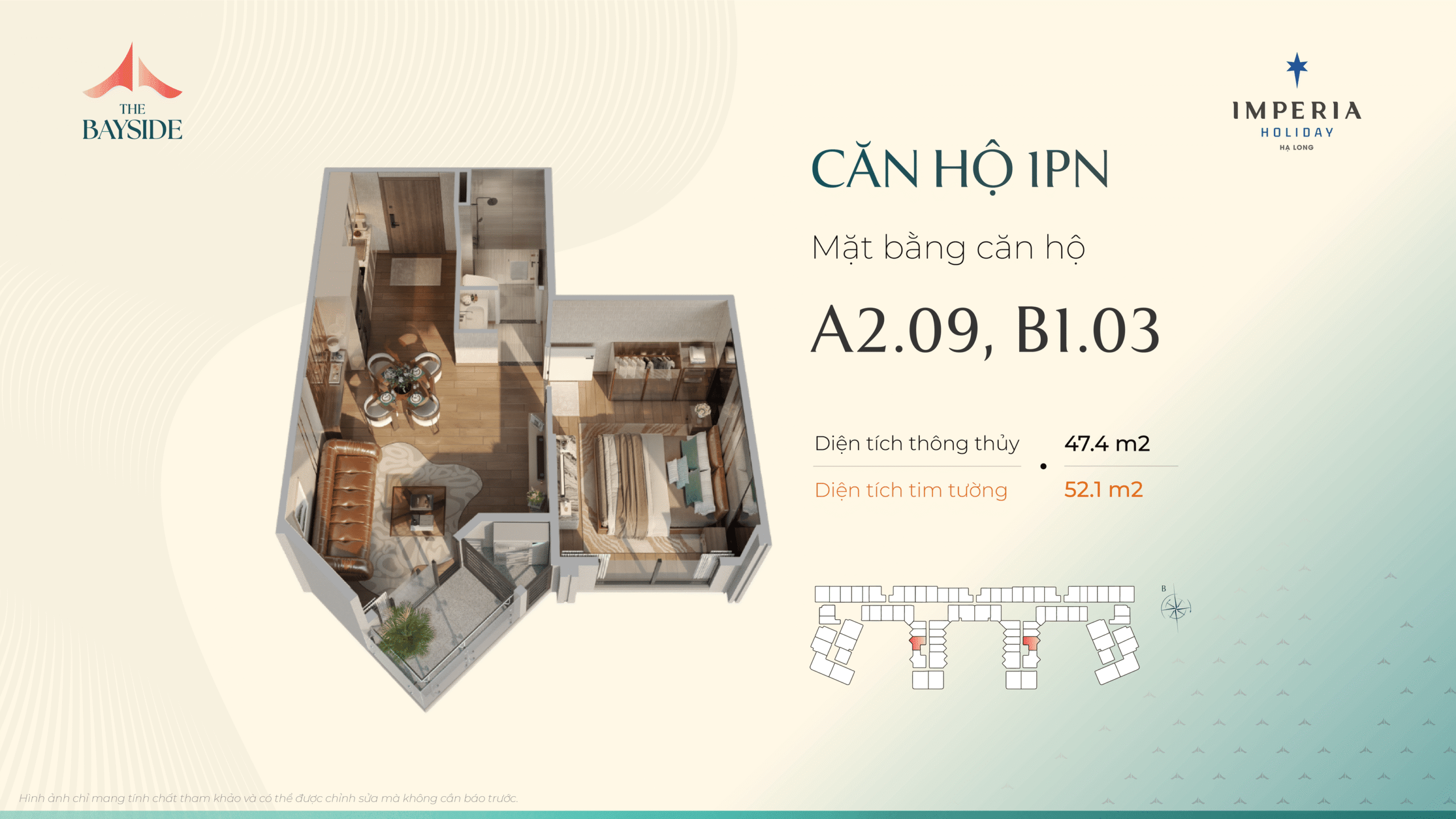 Thiết kế căn hộ Imepria Hạ Long - Loại căn 1 NGỦ - Mã căn: A2.09, B1.03