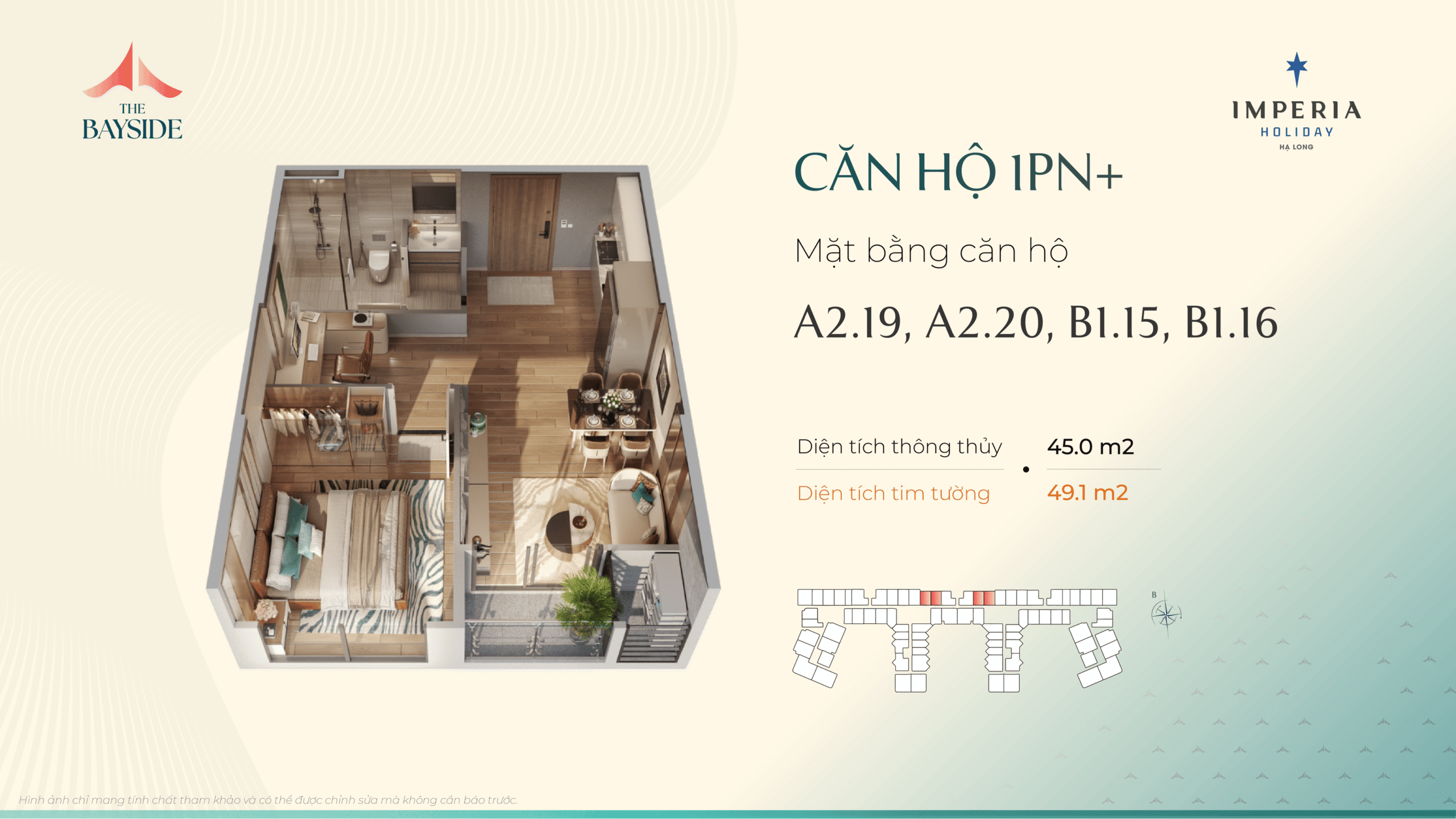 Thiết kế căn hộ Imepria Hạ Long - Loại căn 1 NGỦ + - Mã căn: A2.19, A2.20, B1.15, B1.16