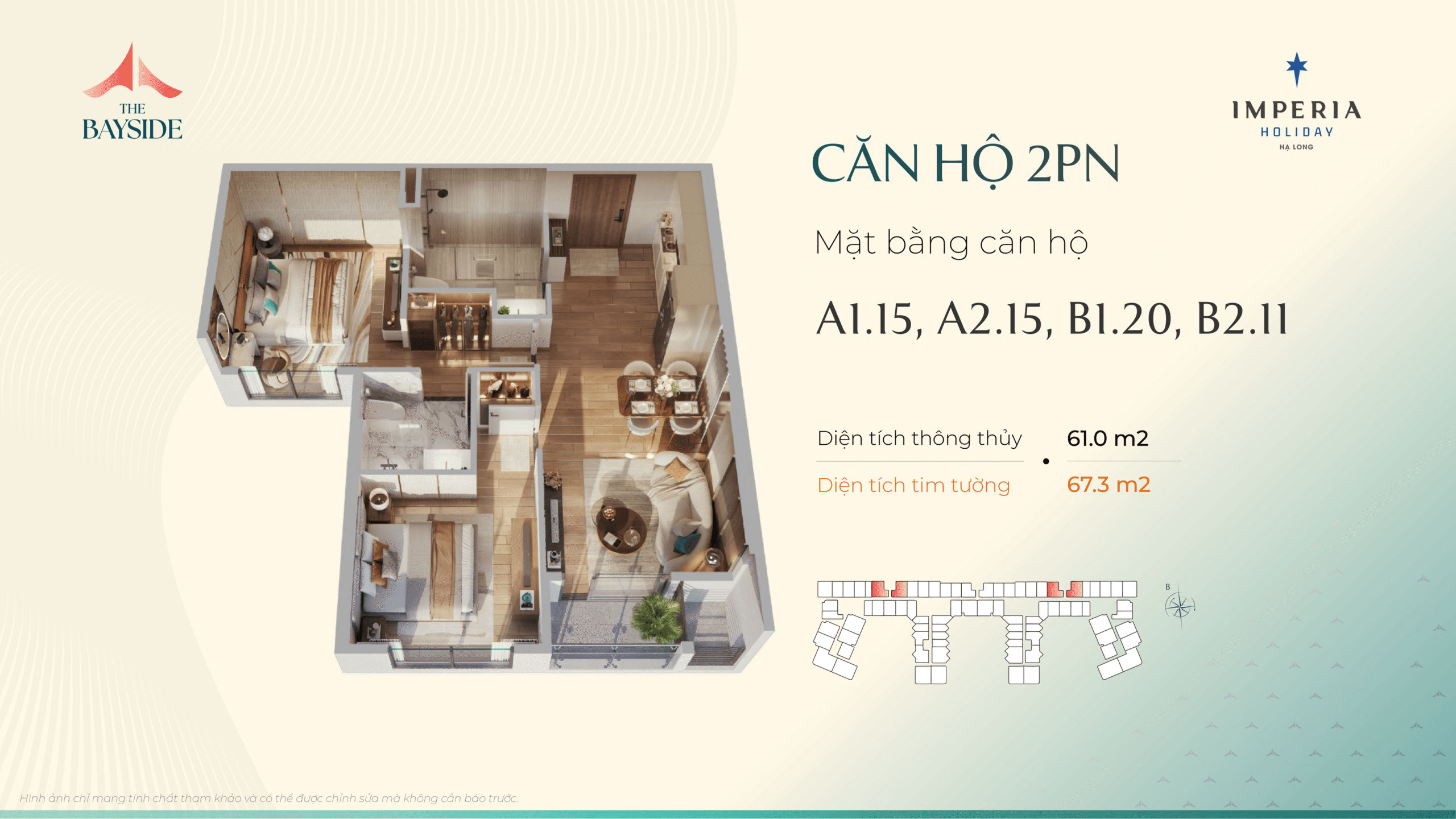 Thiết kế căn hộ Imepria Hạ Long - Loại căn 2 NGỦ - Mã căn: A1.15, A2.15, B1.20, B2.11
