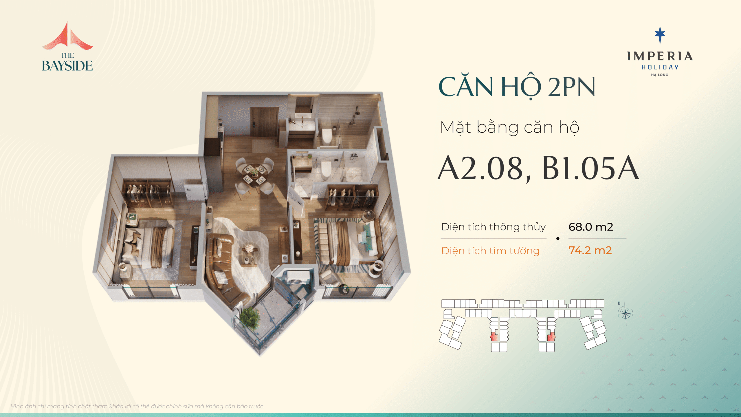 Thiết kế căn hộ Imepria Hạ Long - Loại căn 2 NGỦ - Mã căn: A2.08, B1.05A