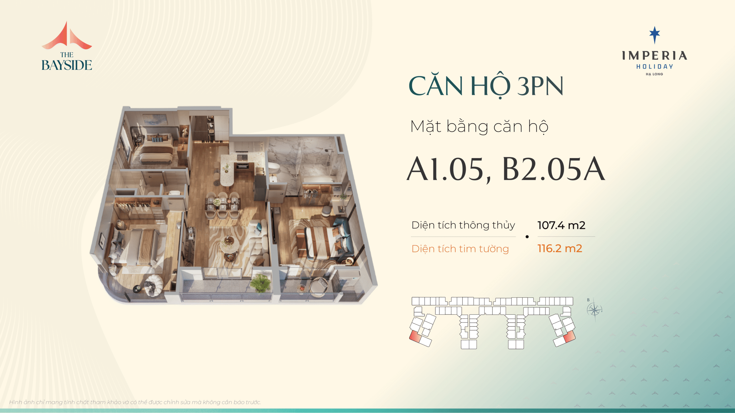 Thiết kế căn hộ Imepria Hạ Long - Loại căn 3 NGỦ + - Mã căn: A1.05, B2.05A