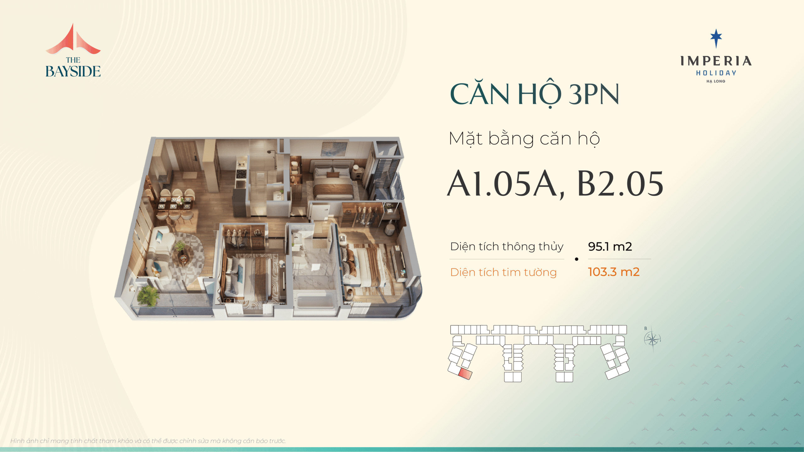 Thiết kế căn hộ Imepria Hạ Long - Loại căn 3 NGỦ + - Mã căn: A1.05A, B2.05