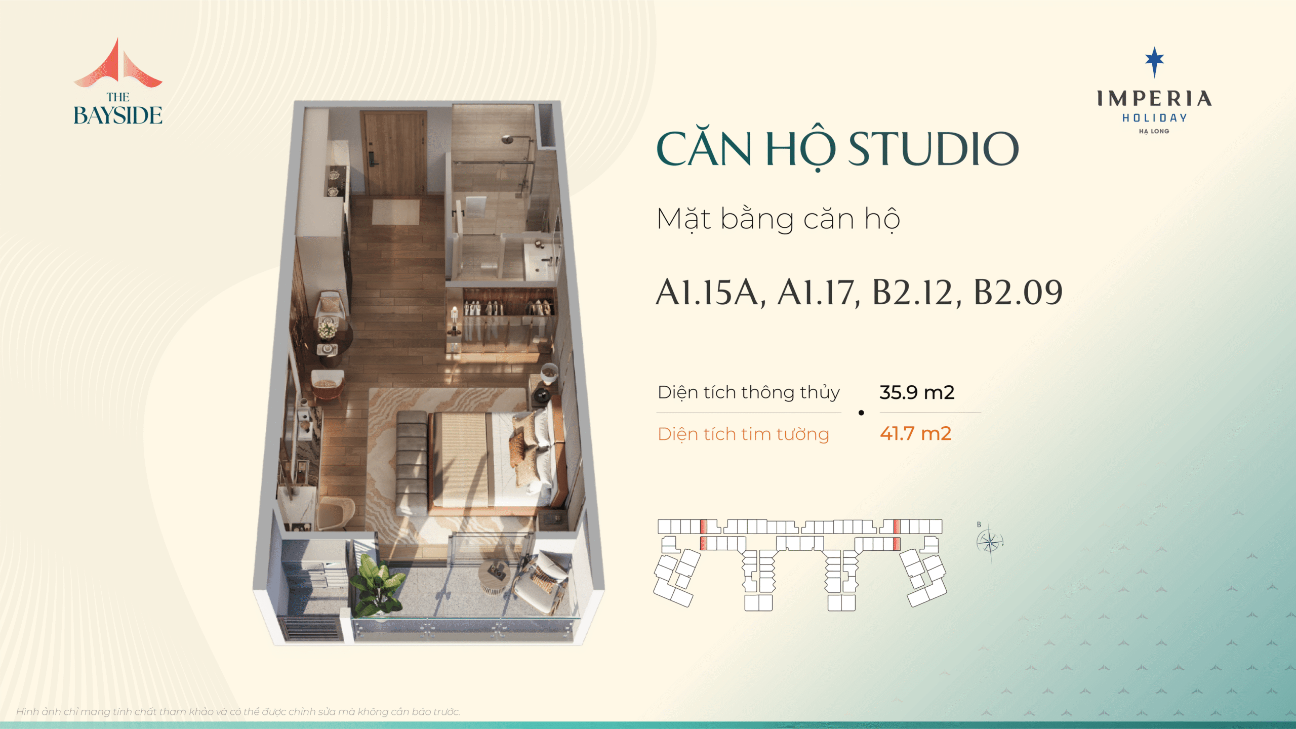 Thiết kế căn hộ Imepria Hạ Long - Loại căn Studio - Mã căn: A1.15A, A1.17, B2.12, B2.09