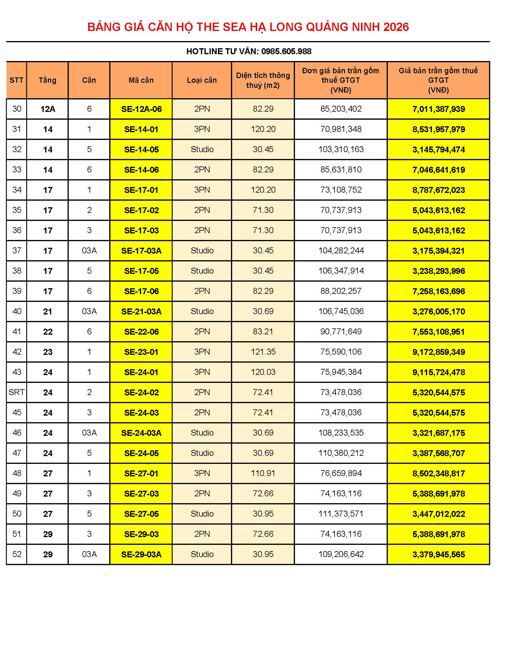 Bảng giá căn hộ the sea Hạ Long mới nhất 2026 | Tháng 5/2026