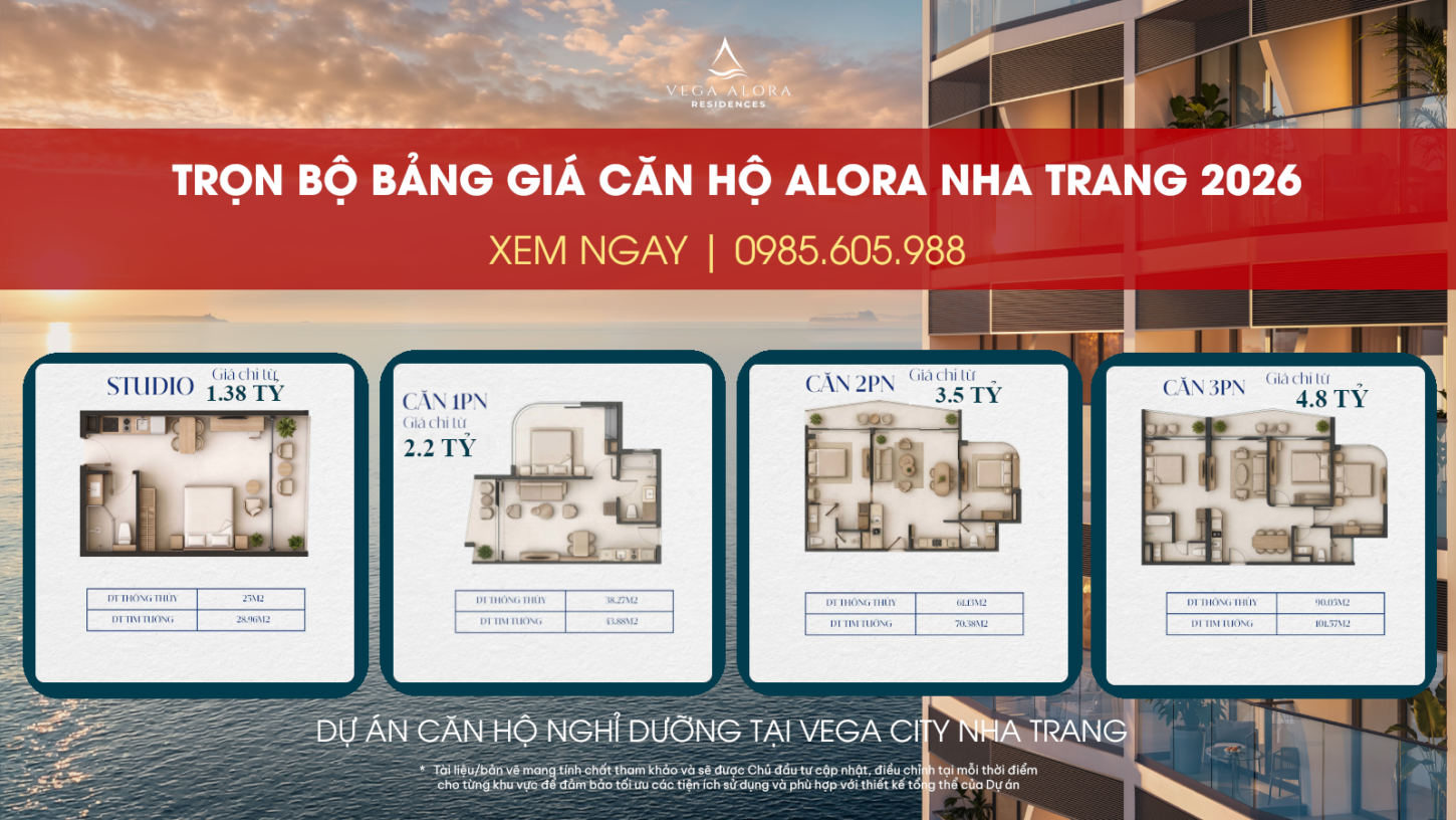 Trọn bộ bảng giá dự án căn hộ Alora Nha Trang mới nhất 2026 tại Vega City