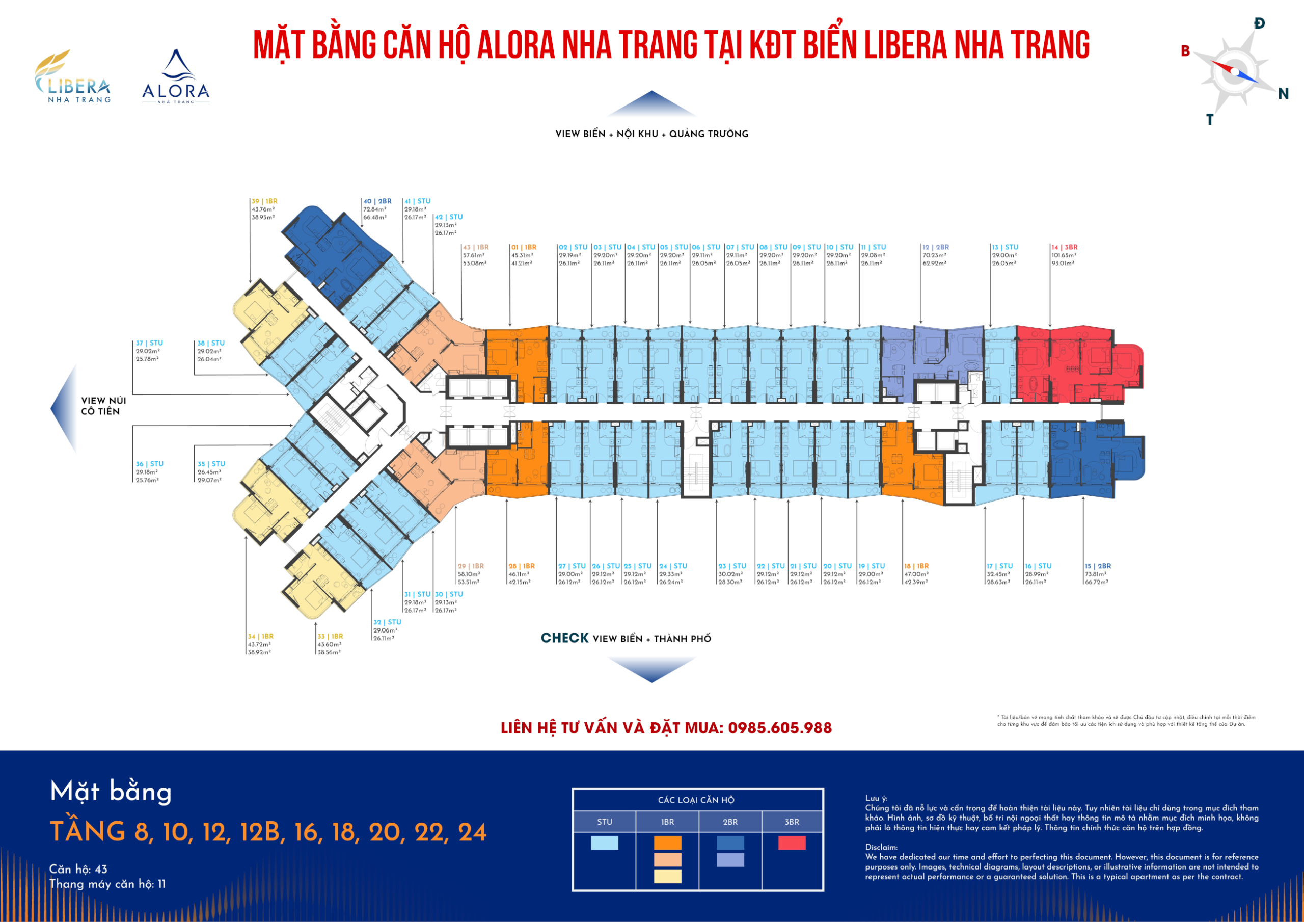 Mặt bằng căn hộ Alora Nha Trang mới nhất 2026 gồm Tầng 8,10, 12, 12B, 16, 18, 20, 22, 24